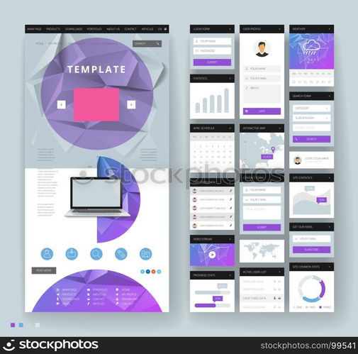 Website template design with interface elements. Low poly abstract backgrounds. Vector illustration.