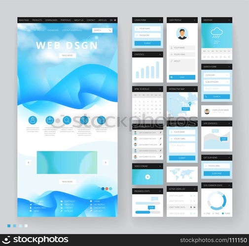 Website template design with interface elements. Sky cloud backgrounds. Vector illustration.