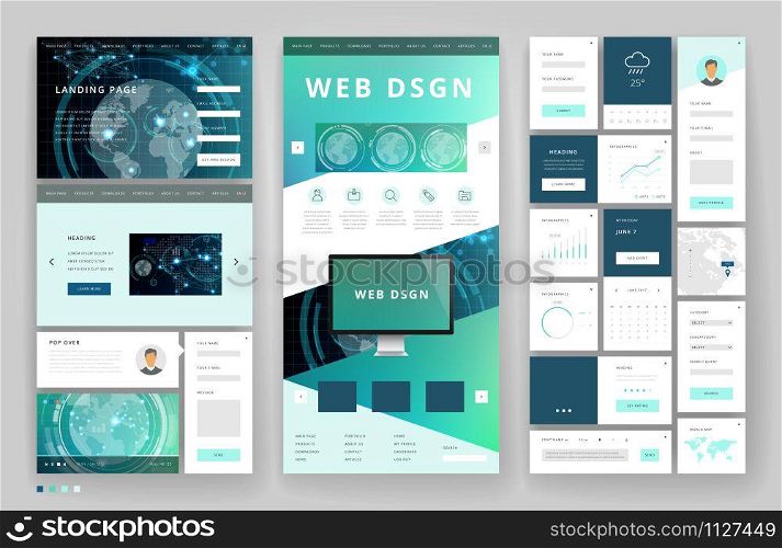 Website template design with interface elements. Technology HUD global connections backgrounds. Vector illustration.