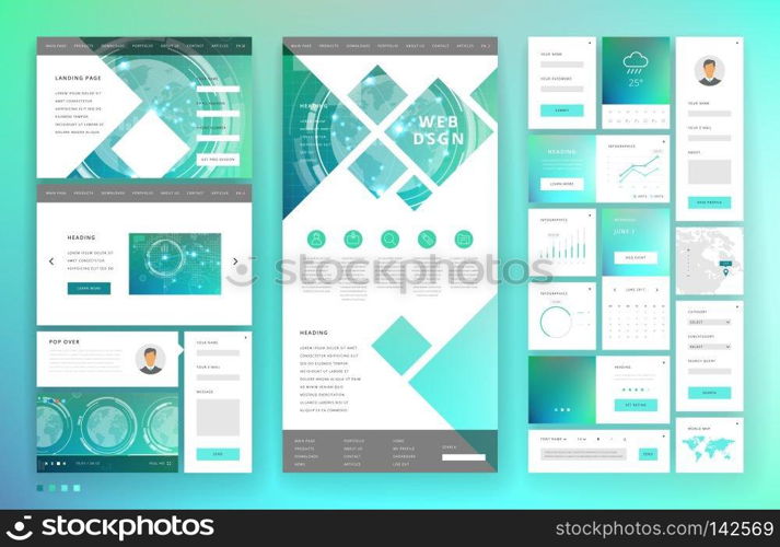 Website template design with interface elements. Technology HUD global connections backgrounds. Vector illustration.