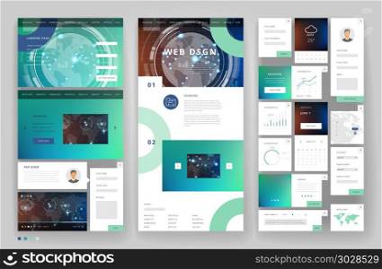 Website template design with interface elements. Technology HUD global connections backgrounds. Vector illustration.. Website template design with interface elements