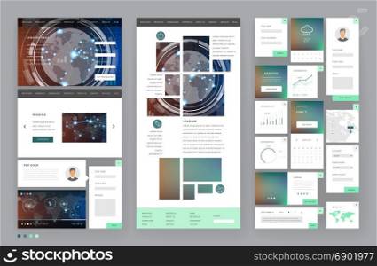 Website template design with interface elements. Technology HUD global connections backgrounds. Vector illustration.