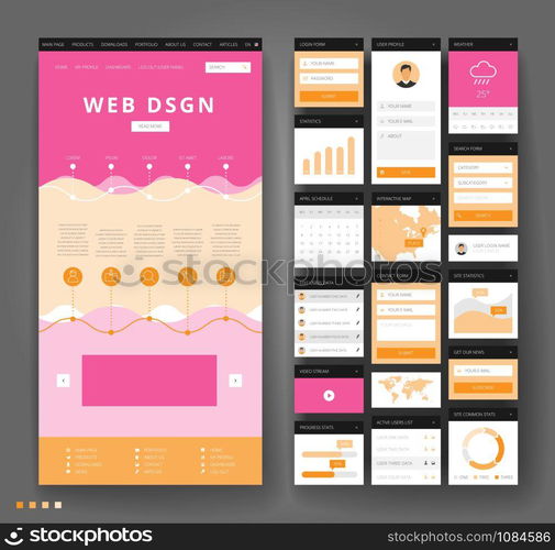 Website template design with interface elements. Vector illustration.