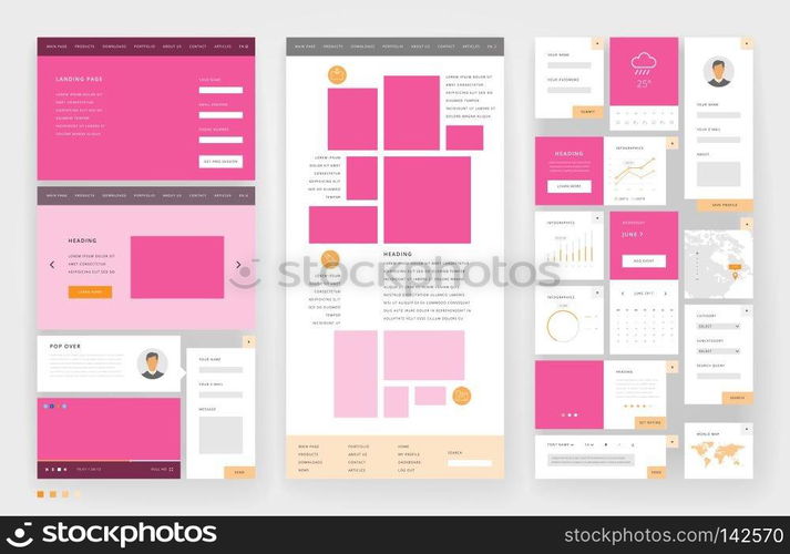 Website template design with interface elements. Vector illustration.