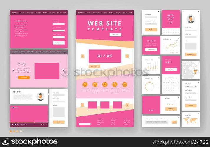 Website template design with interface elements. Vector illustration.