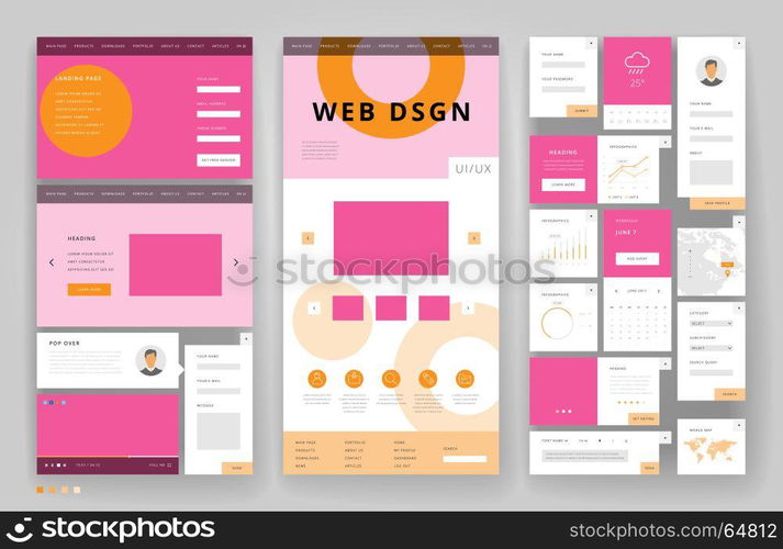 Website template design with interface elements. Vector illustration.