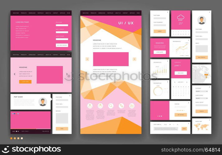 Website template design with interface elements. Vector illustration.