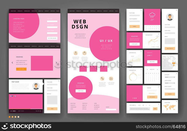 Website template design with interface elements. Vector illustration.