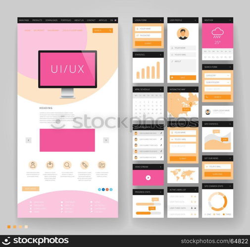 Website template design with interface elements. Vector illustration.