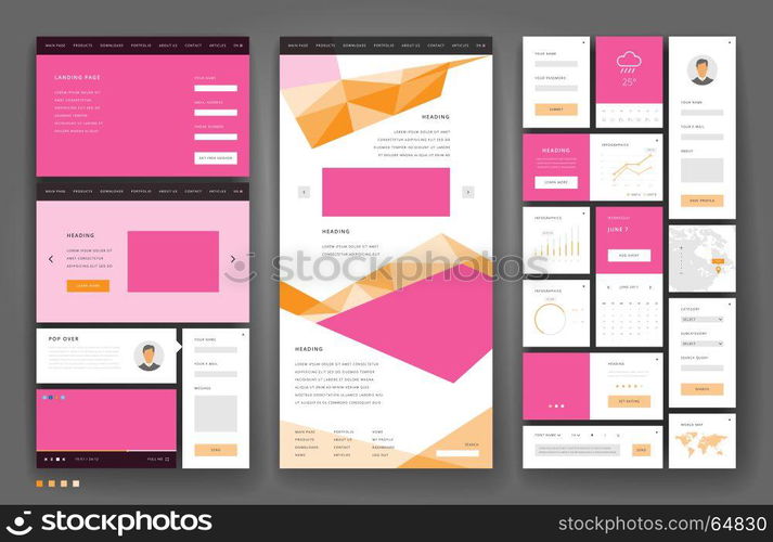 Website template design with interface elements. Vector illustration.