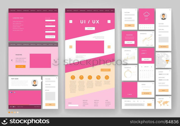 Website template design with interface elements. Vector illustration.
