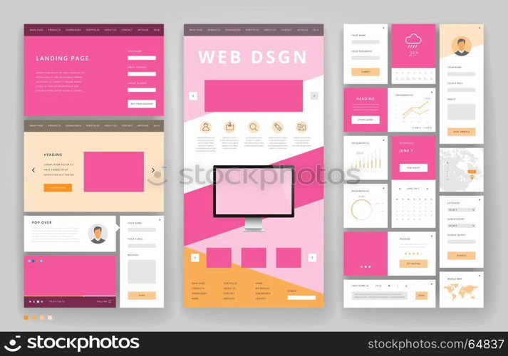 Website template design with interface elements. Vector illustration.