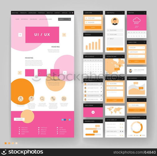 Website template design with interface elements. Vector illustration.