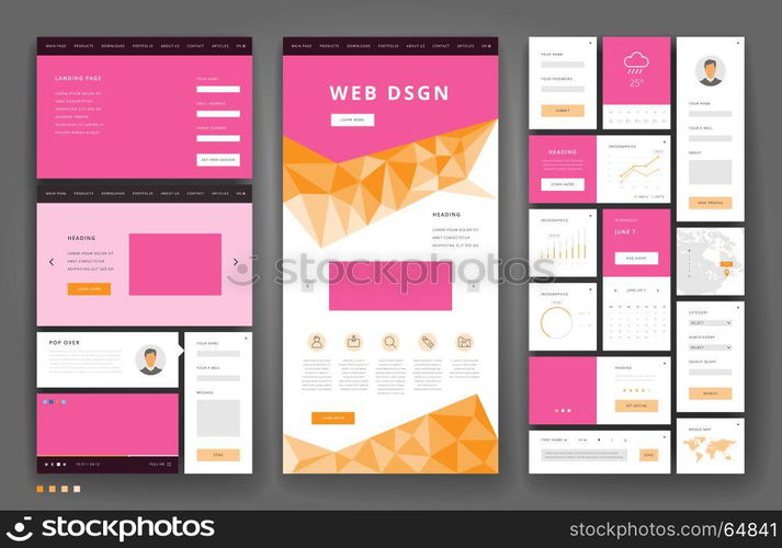 Website template design with interface elements. Vector illustration.
