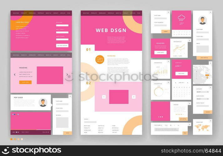 Website template design with interface elements. Vector illustration.