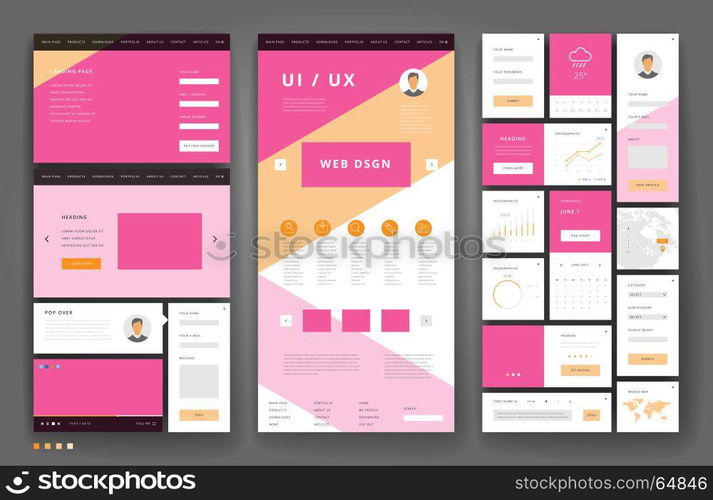 Website template design with interface elements. Vector illustration.