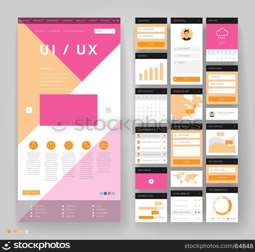 Website template design with interface elements. Vector illustration.