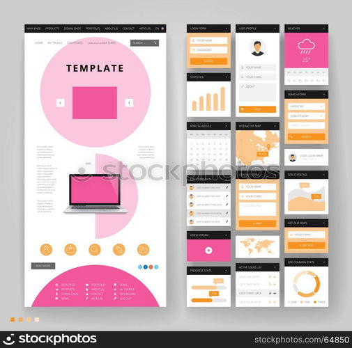 Website template design with interface elements. Vector illustration.