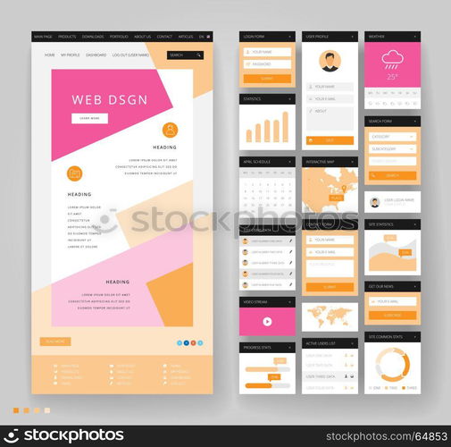 Website template design with interface elements. Vector illustration.
