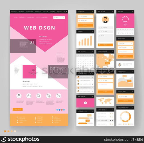 Website template design with interface elements. Vector illustration.