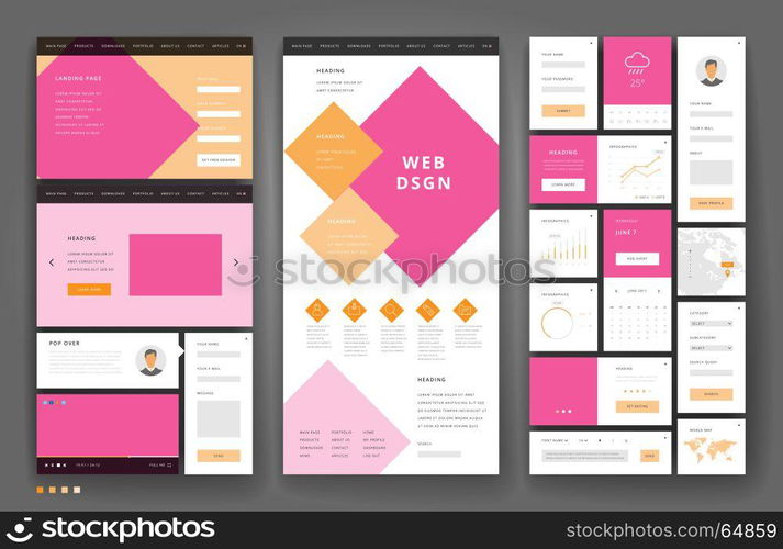 Website template design with interface elements. Vector illustration.