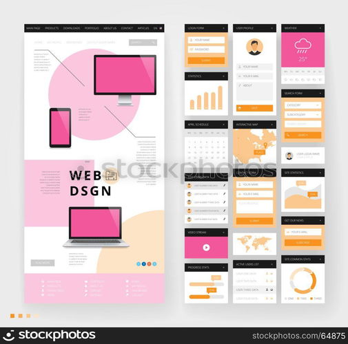 Website template design with interface elements. Vector illustration.