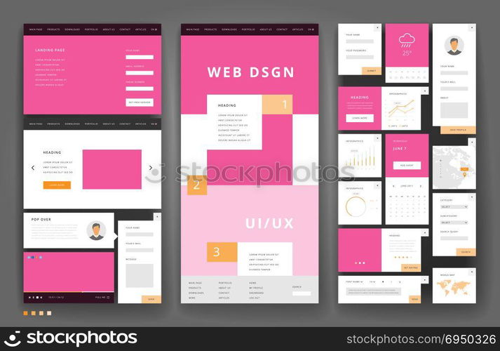 Website template design with interface elements. Vector illustration.