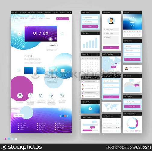 Website template design with interface elements. Vector illustration.