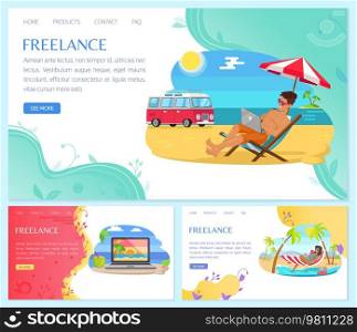 Website template for freelance or remote works on computer from home office. Convenient schedule of work during holiday at resort, on weekends. Remote freelance for effective time management. Remote freelance for effective time management. Website for works on computer from home template