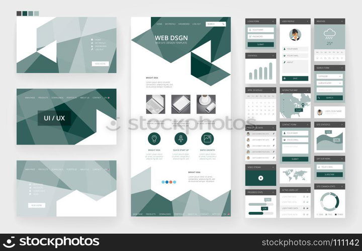 Website template, one page design, headers and interface elements.