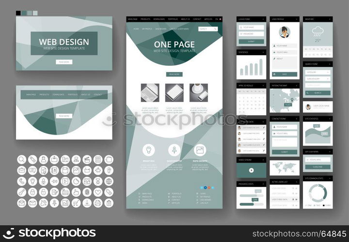 Website template, one page design, headers and interface elements.