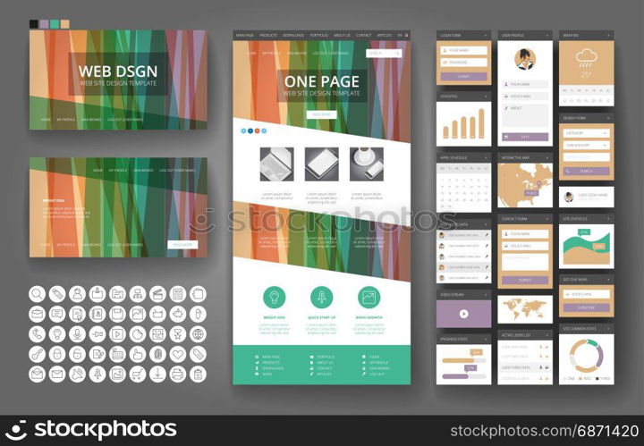 Website template, one page design, headers and interface elements.