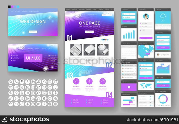 Website template, one page design, headers and interface elements.
