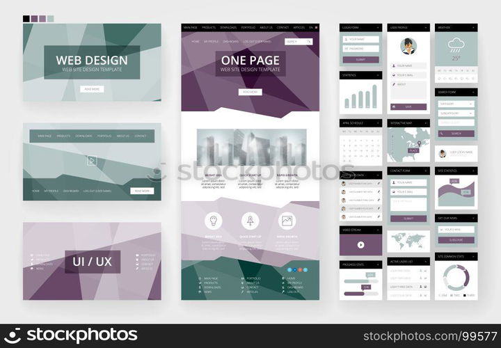 Website template, one page design, headers and interface elements.