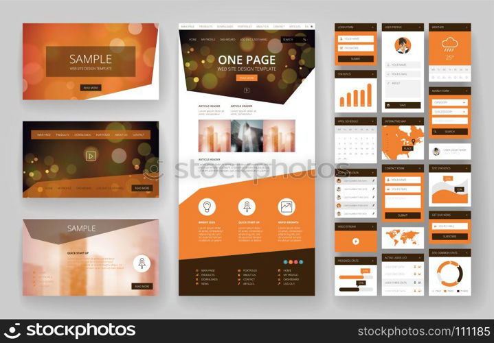 Website template, one page design, headers and interface elements. Bokeh defocused backgrounds.