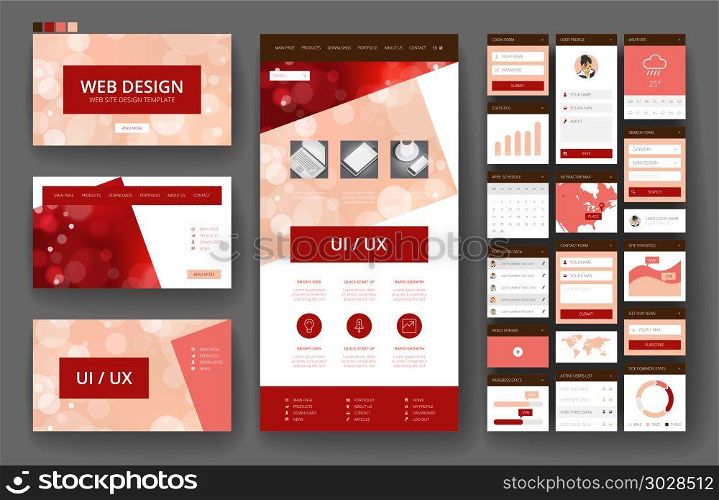 Website template, one page design, headers and interface elements. Bokeh defocused backgrounds.. Website design template and interface elements