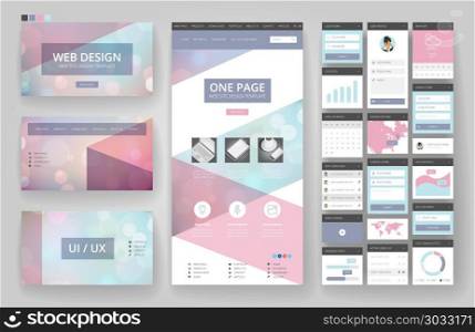 Website template, one page design, headers and interface elements. Bokeh defocused backgrounds.. Website design template and interface elements