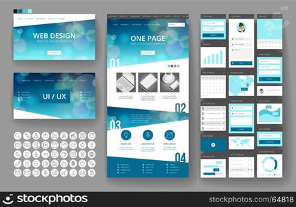 Website template, one page design, headers and interface elements. Bokeh defocused backgrounds.