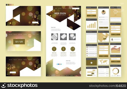 Website template, one page design, headers and interface elements. Bokeh defocused backgrounds.