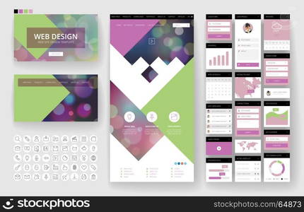 Website template, one page design, headers and interface elements. Bokeh defocused backgrounds.