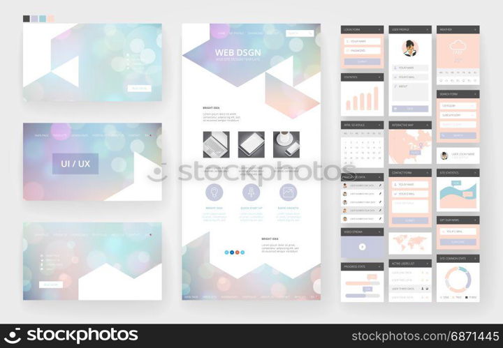 Website template, one page design, headers and interface elements. Bokeh defocused backgrounds.