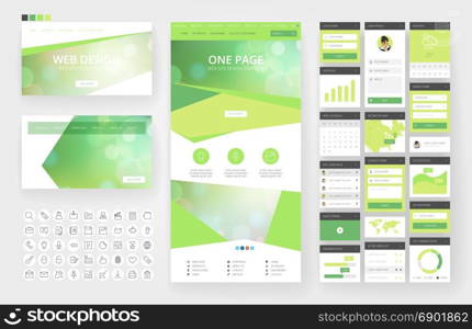 Website template, one page design, headers and interface elements. Bokeh defocused backgrounds.