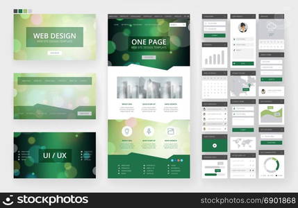 Website template, one page design, headers and interface elements. Bokeh defocused backgrounds.