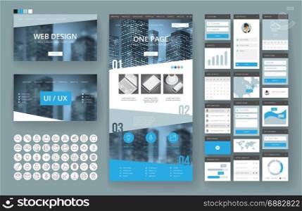 Website template, one page design, headers and interface elements. Business city backgrounds.