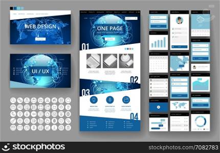 Website template, one page design, headers and interface elements. Global business technology connections.