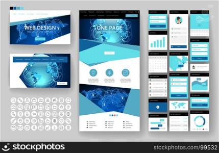 Website template, one page design, headers and interface elements. Global business technology connections.