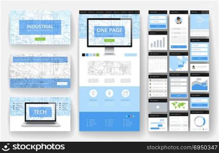 Website template, one page design, headers and interface elements. Industrial blueprint backgrounds.