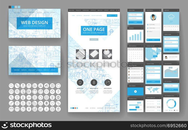 Website template, one page design, headers and interface elements. Industrial blueprint backgrounds.