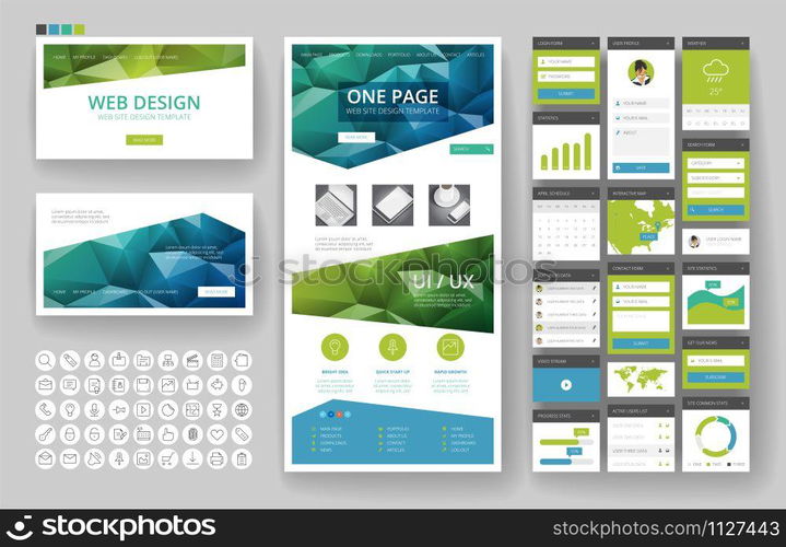 Website template, one page design, headers and interface elements. Low poly abstract backgrounds.