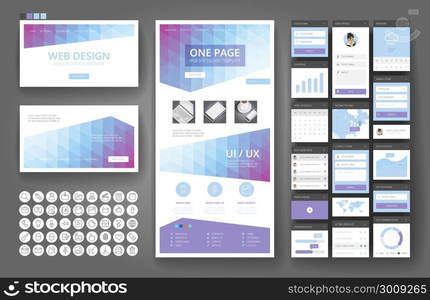 Website template, one page design, headers and interface elements. Low poly abstract backgrounds.